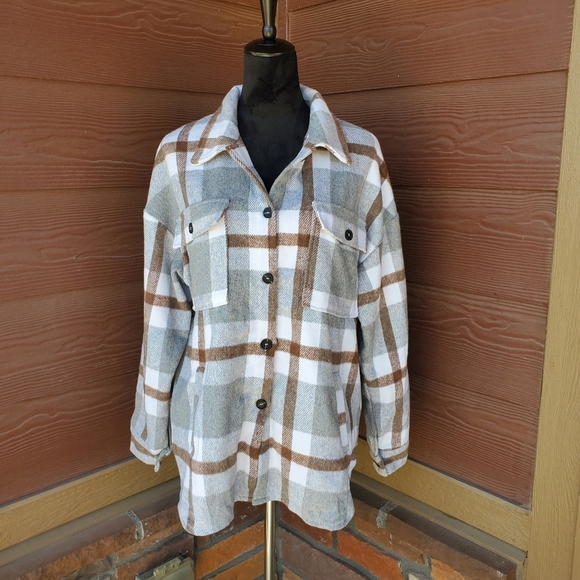 Plaid Brushed Flannel Flap Pocket Drop Shoulder Coat Shacket Women's Medium NWOT - Picture 6 of 16